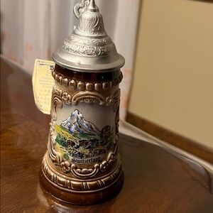 King Werk Germany Handmade Decorative Swiss Beer Stein with Silver Lid. Marked.